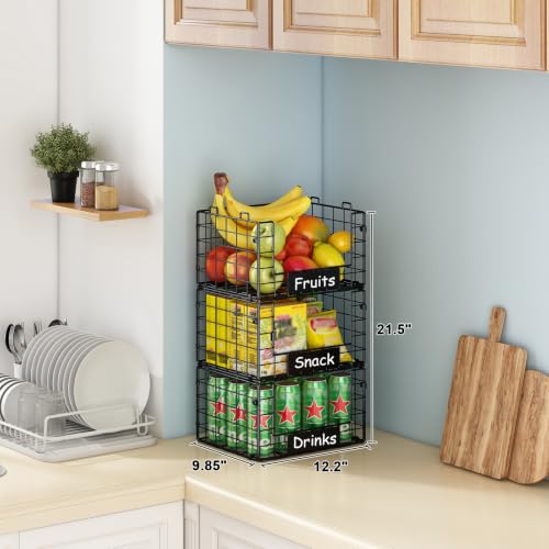 3 Pack XL Stackable Wire Baskets with Handle, Pantry Organizers and Storage - size: XL-12.2"x9.85"x21.5"