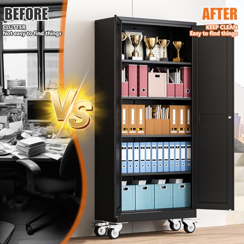 pozdeg 71" Black Lockable Rolling Metal Garage Storage Cabinet - color: Black, size: 14.96"D x 29.92"W x 71"H