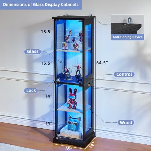 LELELINKY Farmhouse Narrow Glass Display Cabinet with Doors & Lock, Black - color: Black, size: 1 Pack