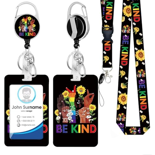 Id Badge Holder with Lanyard, Positive Badge Holder Retractable Reel Clip - color: Be Kind Flower