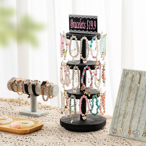 Pinzoveco Bracelet Holder, 3 Tier Wooden Rotating Bracelet Display Stand, Tree Stand Vendor Booth Display with Adversitsing Board, 36 Hooks for Bracelet, KeyChain Display Stands for Selling, Black (Patent Pending) - color: Weathered Black