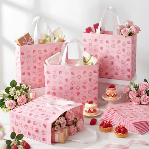Abbylike 30 Pcs Strawberry Bow Gift Bags Reusable, Large Tote with Handle - style: Strawberry Bow