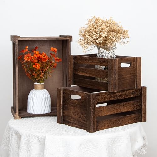 Set of 3 Nesting Wooden Crates, Small Rustic Farmhouse Wood Storage Boxes with Handles, Stackable Compact Organizer Bins for Kitchen Bathroom Bedroom Decor, 3 Sizes (Retro Brown)