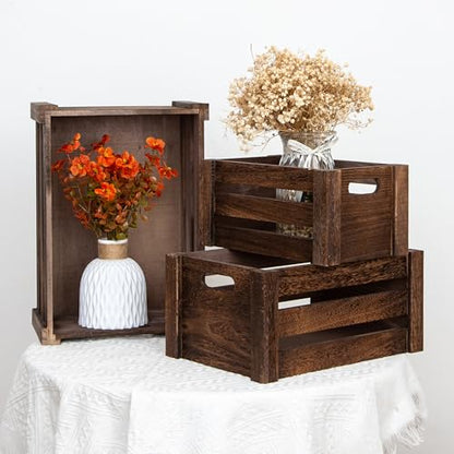 Set of 3 Nesting Wooden Crates, Small Rustic Farmhouse Wood Storage Boxes with Handles, Stackable Compact Organizer Bins for Kitchen Bathroom Bedroom Decor, 3 Sizes (Retro Brown)