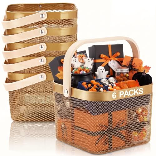 Roshtia 6 Pcs Metal Mesh Basket with Handle, Fall Halloween Garden Basket - color: Gold, size: 9.65 x 9.65 x 7.09 Inch