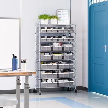 8-Tier NSF 24-Bin Steel Wire Shelving Rack, 36"W x 14.25"D x 63.5"H, Gray - color: Gray, size: 8-Tier Includes 24 Bins