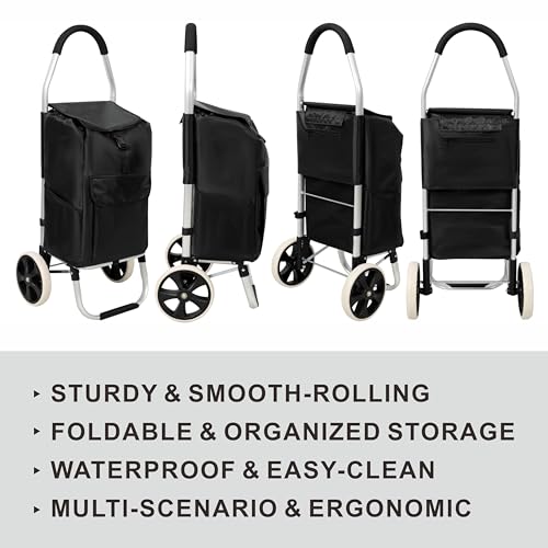 Foldable Utility Cart, 40L Rolling Shopping Cart with Wheels, Waterproof Removable Bag, Collapsible Trolley for Groceries Office Laundry Craft Show Travel (Black-2 Wheels) - color: 2 Wheels / Black