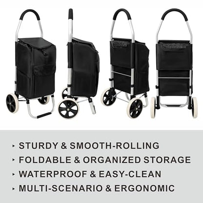 Foldable Utility Cart, 40L Rolling Shopping Cart with Wheels, Waterproof Removable Bag, Collapsible Trolley for Groceries Office Laundry Craft Show Travel (Black-2 Wheels) - color: 2 Wheels / Black