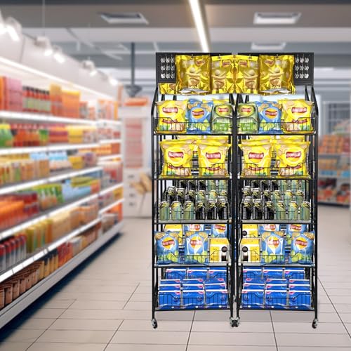 TONGMO 5 Tier Snack Rack Display Stand - Retail Display Shelves with Top Pegboard, 15 Hooks, Bakery Display Rack on Wheels for Easy Mobility and Organization (Black, 5‑Tier) - color: Black