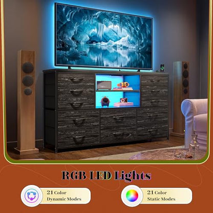 EnHomee Dresser for Bedroom with LED Lights & Charging Station - color: Black