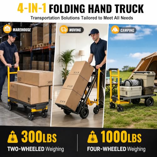4 in 1 Folding Hand Truck, 1000lbs Capacity Dolly Cart Industrial Convertible Heavy Duty with Retractable Handle and 4 Rubber Wheels, Collapsible Cart for Moving Home, Office, Warehouse - color: Black-1000