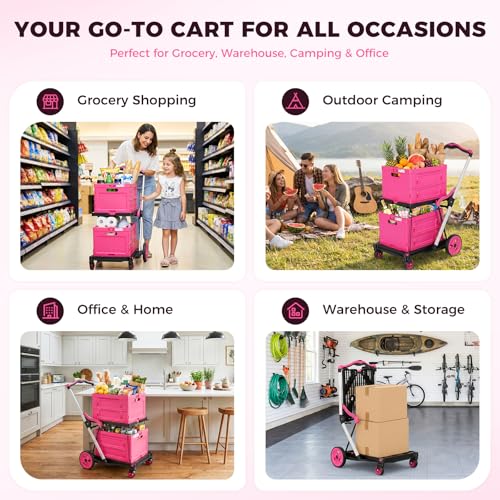Collapsible Shopping Cart with Wheels, Foldable Platform Hand Truck (Pink) - color: Pink