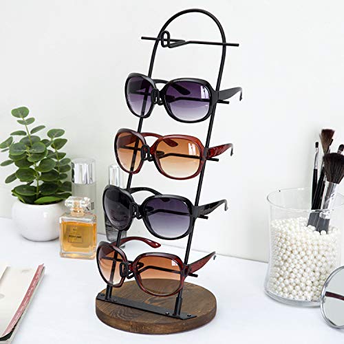 MyGift 5 Tier Black Metal Sunglasses Display Stand Rack Jewelry Organizer Holder for Sunglasses, Eyewear, Glasses with Round Burnt Wood Base - color: Black / Burnt Wood