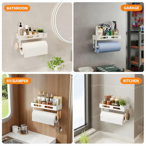 Paper Towel Holder Wall Mount for Kitchen, Paper Towel Holder with Shelf for Bathroom, RV Paper Towel Rack with 2 Hooks, White - color: White
