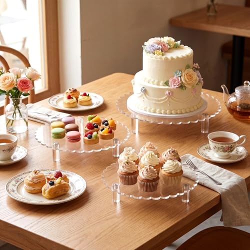 Lineshading 3 Pcs Round Acrylic Riser, Clear Scalloped Display Stands - size: 6'',8'',10'', style: Scalloped
