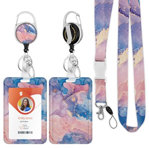 ID Badge Holder with Lanyard,Retractable ID Badge Card Holders Detachable Neck Lanyard Strap with Badge Reel and Vertical ID Holder for Nurse Students Teachers Office Staff(Marble 5) - color: Marble 5