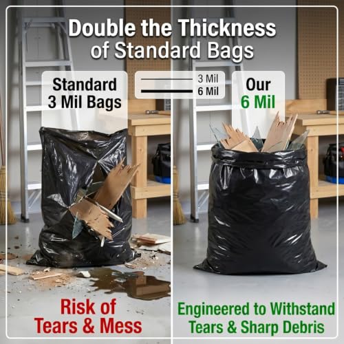6 Mil Heavy Duty Contractor Trash Bags, 50/55/60 Gallon, Black, 20 Pack - color: Black-6 Mil