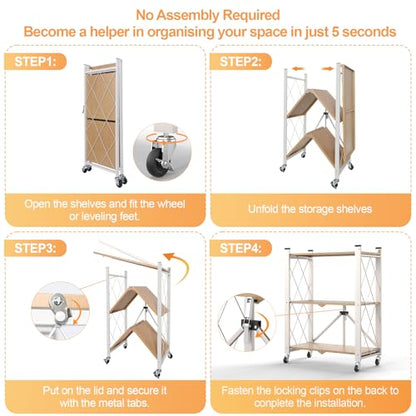 3 Tier Folding Shelf with Wheels, Metal Steel Collapsible Shelves - color: Natural, size: 3 Tier