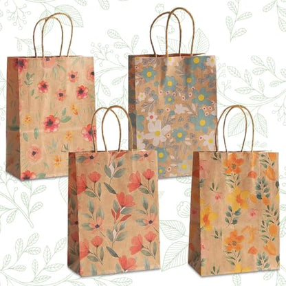 24pcs Floral Pattern Kraft Paper Bag Gift Bags with Handles for Party Favors, Mothers Day, Weddings, Birthday Celebration, Baby Shower,8.26×5.9×3.14inch - color: flower