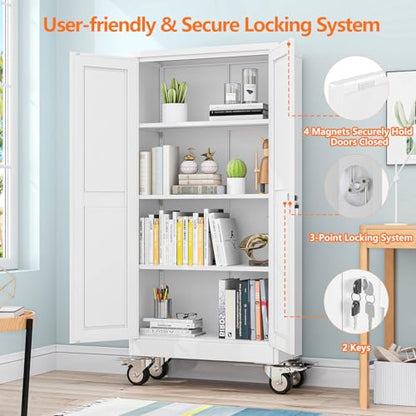 pozdeg 61" White Lockable Rolling Metal Garage Storage Cabinet - color: White, size: 13.78"D x 27.56"W x 61"H