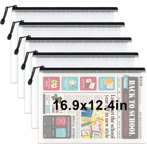 Umriox 5 Pack A3 Heavy Duty Mesh Zipper Pouch Bags, File Document Organizer - color: Black 5pcs, Thickened A3