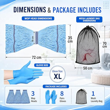 3 Pack Commercial Mop Heads with Mesh Laundry Bag & 16 Disposable Gloves - size: 3 Pack