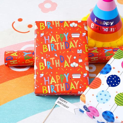 Ulmasinn Birthday Wrapping Paper Roll, 17" x 33', Double Sided Happy Birthday & Balloon Design, Thick 80gsm Gift Wrap for Kids, Boys, Girls and Adults, Mini Roll for Small to Medium Birthday Gifts - color: Birthday red