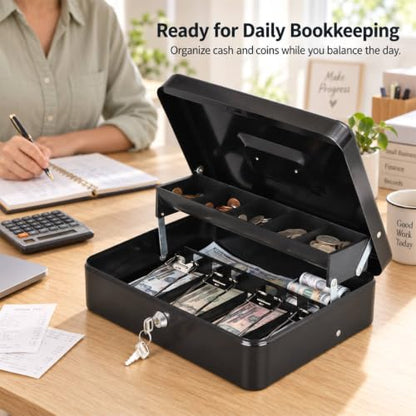 KYODOLED Cash Box with Money Tray and Key Lock, 1mm Thick Metal Cash Drawer - color: Black