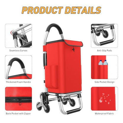 Heavy Duty 3 in 1 Shopping Cart, Foldable Hand Truck with 6 Wheels - color: Red