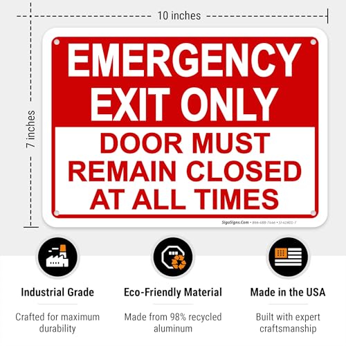 Emergency Exit Only, Door Must Remain Closed Sign, - size: 10x7