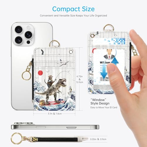 Funny Cat Riding Dinosaur Fishing 2-in-1 ID Badge Holder & Lanyard Wallet for Teachers,Nurse,Professionals-Cute Zippered Coin Pouch,Removable Wristlet & Neck Lanyard,5 Card Slots Stylish Work - color: Funny Cat Riding Dinosaur Fishing