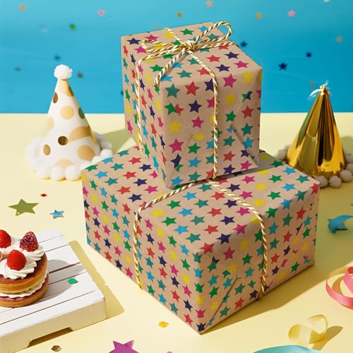 WRAPAHOLIC Kraft Wrapping Paper Roll - Striped Brown Kraft Paper for Birthday Gift Wrapping - 17in x 32.5in Each Roll, Total 46 Sq. Ft. - Stars - color: Stars, size: 1 roll (Pack of 1)