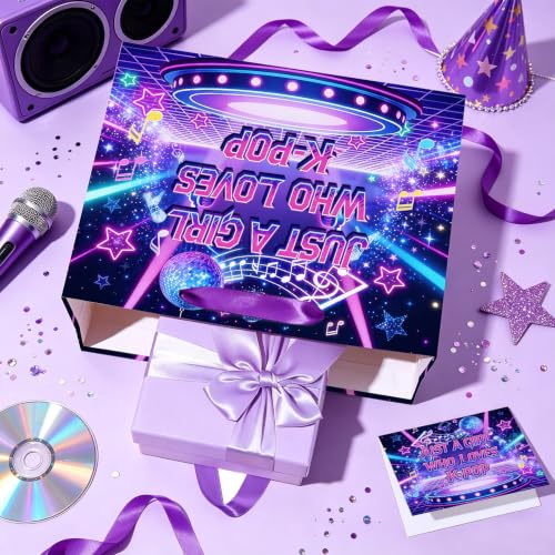 Hkshaoda Kpop Gift Bag Just A Girl Who Loves KPOP Wrapping Paper Large Disco Music Gift Bag with Tissue Paper and Card Kpop Party Decor for Teen Girls Birthday Party Supplies 11.8in