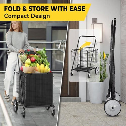 5.7 Cu Ft Folding Shopping Cart - 600 LB Capacity Grocery Cart with 360° Braked Swivel Wheels - Heavy Duty Utility Cart with Double Basket & Removable Waterproof Liner with Lid for Laundry - color: Black