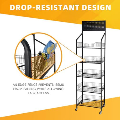 TONGMO 5 Tier Snack Rack Display Stand - Retail Display Shelves with Top Pegboard, 15 Hooks, Bakery Display Rack on Wheels for Easy Mobility and Organization (Black, 5‑Tier) - color: Black