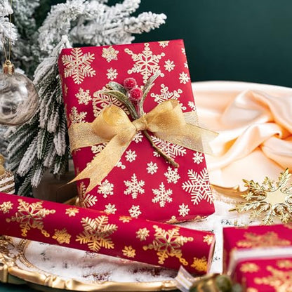 WRAPAHOLIC 30 Inch 3D Kraft Christmas Wrapping Paper - 30 Inch x 16.5 Feet - Gold and Red Snowflake Wrapping Paper with Embossed Perfect for Christmas, Holiday, Party Celebration - color: Christmas Snowflakes - Red & Gold, size: 30 inch x 16.5 feet