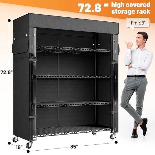 REIBII 72.8"H 5-Tier Heavy Duty Storage Shelving with Cover & Wheels,Pantry - size: 35" W x 16" D x 72.8" H