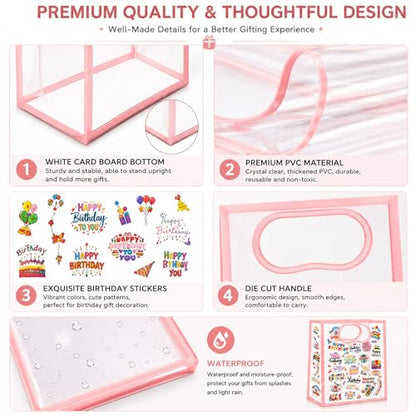SHIPKEY 10 PCS Clear Gift Bags with Handles, Small Pink PVC Party Bag - color: Pink - Small