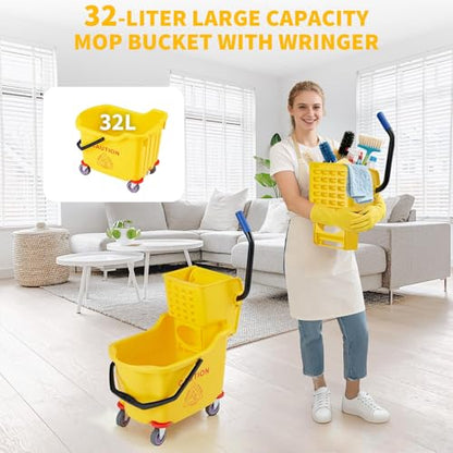 Heavy Duty 32L Commercial Mop & Bucket Set – Double Bucket System with Side Press Wringer, Wheels for Easy Mobility – High Capacity, Durable – Ideal for Industrial, Janitorial, Office,