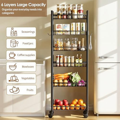 6 Tier Slim Storage Cart, Narrow Rolling Cart with Wheels, 6in(W) - color: Black, size: 6 Tier(6 in)