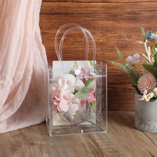 60 Pcs Clear Plastic Gift Bags with Handle Reusable Small Transparent PVC Wrap Tote Bags 5.9X5.1X2.8 inches for Bachelorette Bridesmaid Wedding Birthday Christmas Party Favor