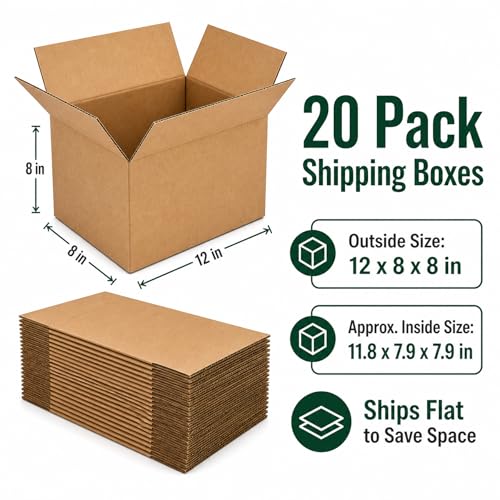 12x8x8 Brown Kraft Shipping Boxes for Small Business, 20 Pack - size: 12x8x8 Inch