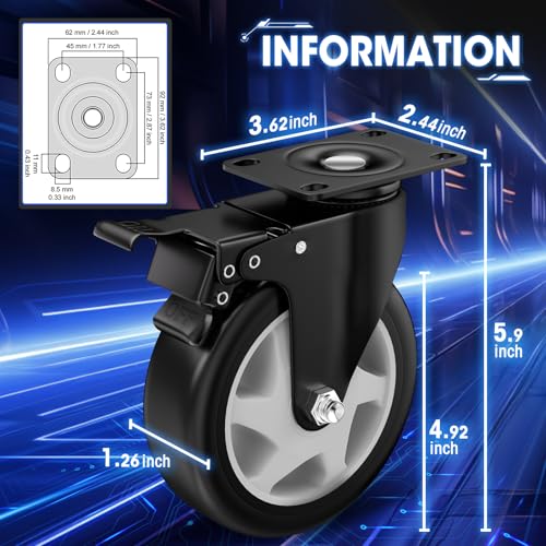 5" Heavy Duty Plate Casters, 1400 Lbs Dual Brake - Set of 4 - color: Black, size: 5 Inch AB-Brake