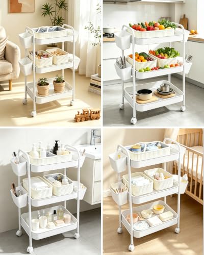 3 Tier Rolling Cart Organizer with Wheels, Metal Utility Storage Cart for Nursery, Bathroom, Kitchen, Craft Room & Laundry Room, Includes Hanging Baskets and Rope Storage Bin, White