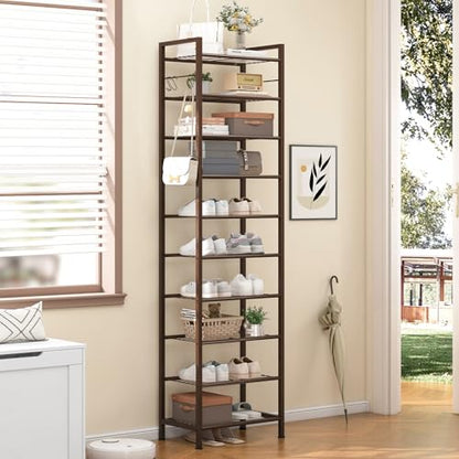 usikey 10 Tiers Narrow Shoe Rack 20-30 Pairs, Sturdy Metal Tall Shoe Rack Shelf with 4 Hooks, Slim Shoe Storage with Metal Shelf, Space Saving Vertical Shoe Organizer for Closet Entryway, Bronze - color: 10 Tier ( 17.9 X 11 X 69.2 Inches)-bronze