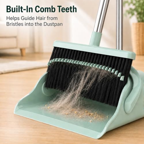 Broom and Dustpan Set, 52-Inch Adjustable Long Handle with Self-Cleaning Comb Teeth, Flexible TPR Lip and Foot-Assisted Fold-Up Dustpan for Pet Hair, Dust, Crumbs and Hard Floors, Green - color: Green