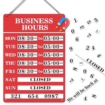 Magnetic Changeable Business Hours Sign, Metal Hours of Operation Signs for Business, Store Hours Sign for Glass Door or Window (RED) - style: RD-hours sign