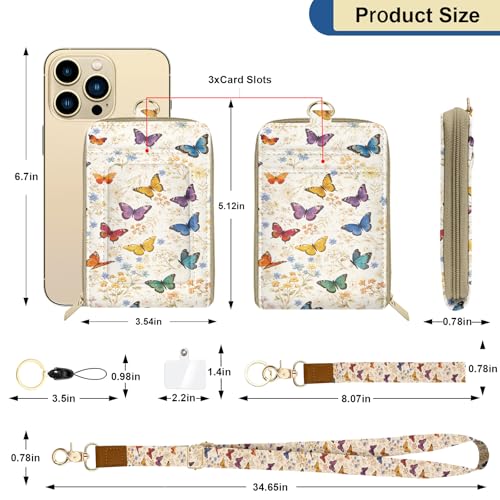Colorful Butterflies Watercolour PU Leather ID Badge Holder with Lanyard with Keychain Phone Lanyard Wrist Strap, RFID Blocking, for Office School Business Women - color: Colorful Butterflies