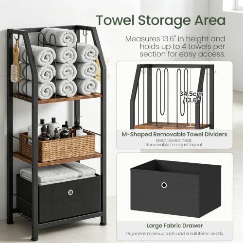 CHOEZON 3-Tier Towel Rack Freestanding, Towel Rack with a Fabric Drawer, 2 M-Shaped Metal Dividers and 4 Hooks, Bathroom Towel Storage Shelf, Towel Storage for Bathroom, Rustic Brown and Black TCJ29BF