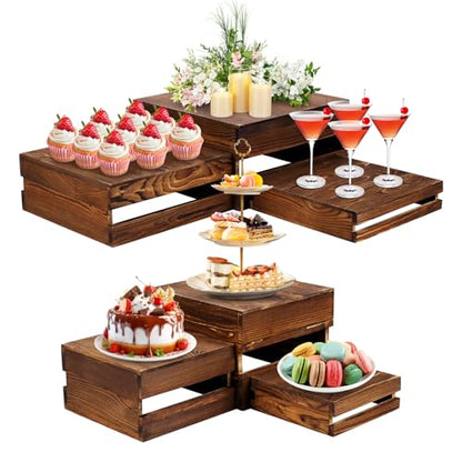 6 Pack Wooden Crates for Display Wooden Risers Square Food Risers for Buffet Party Rustic Wood Cake & Cupcake Stands